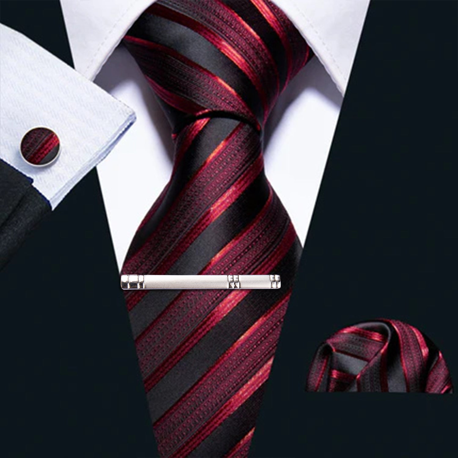 DiBanGu Silk Tie Burgundy Black Striped Men's Tie Handkerchief Cufflinks Set DiBanGu Silk Tie Burgundy Black Striped Men's Tie Handkerchief Cufflinks Set