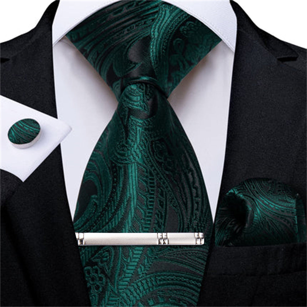DiBanGu Dress Tie Phthalo Green Paisley Mens Silk Wedding Tie Pocket Square Cufflinks Clip Set DiBanGu Dress Tie Phthalo Green Paisley Mens Silk Wedding Tie Pocket Square Cufflinks Clip Set