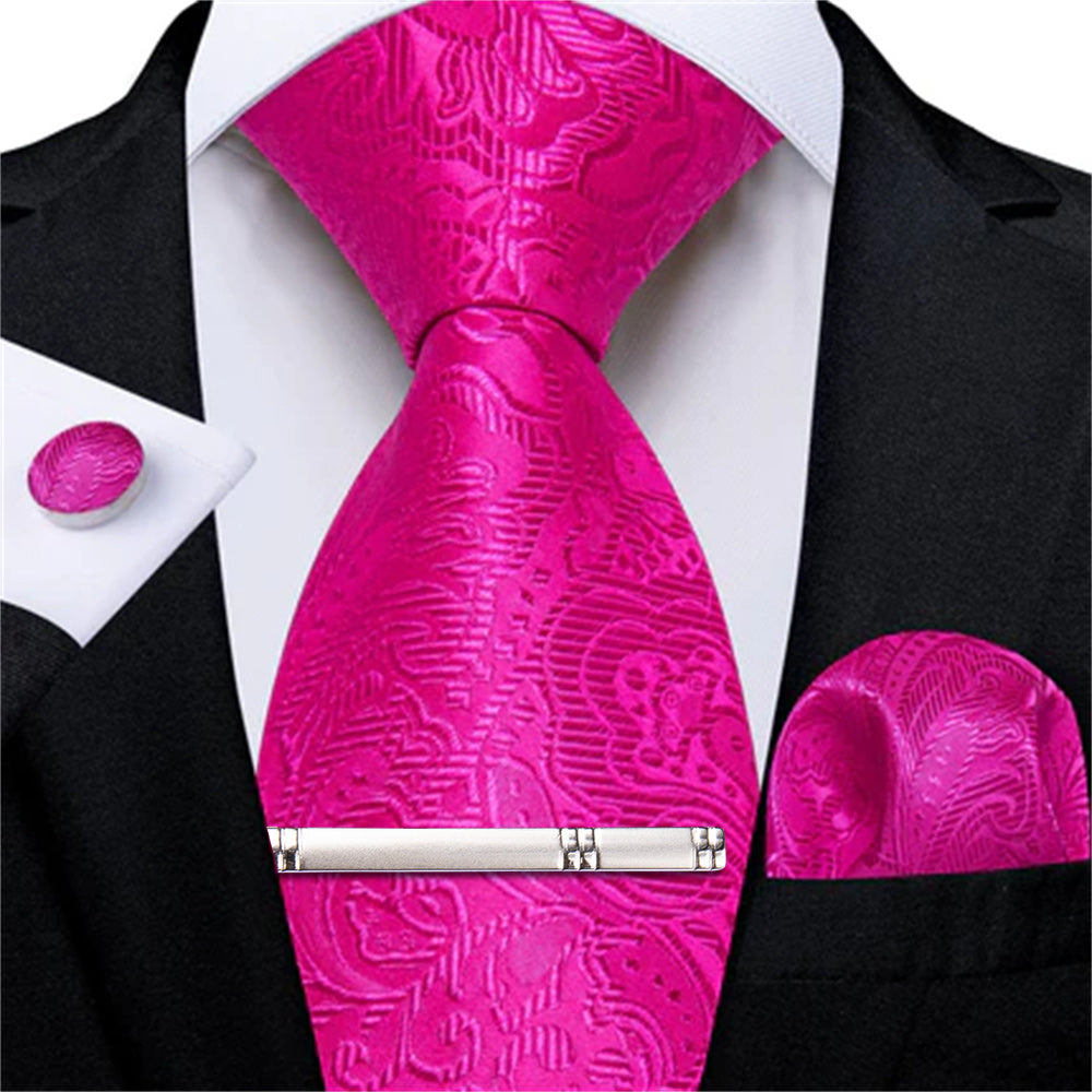 DiBanGu Hot Pink Paisley Silk Mens Tie Pocket Square Cufflinks Clip Set DiBanGu Hot Pink Paisley Silk Mens Tie Pocket Square Cufflinks Clip Set