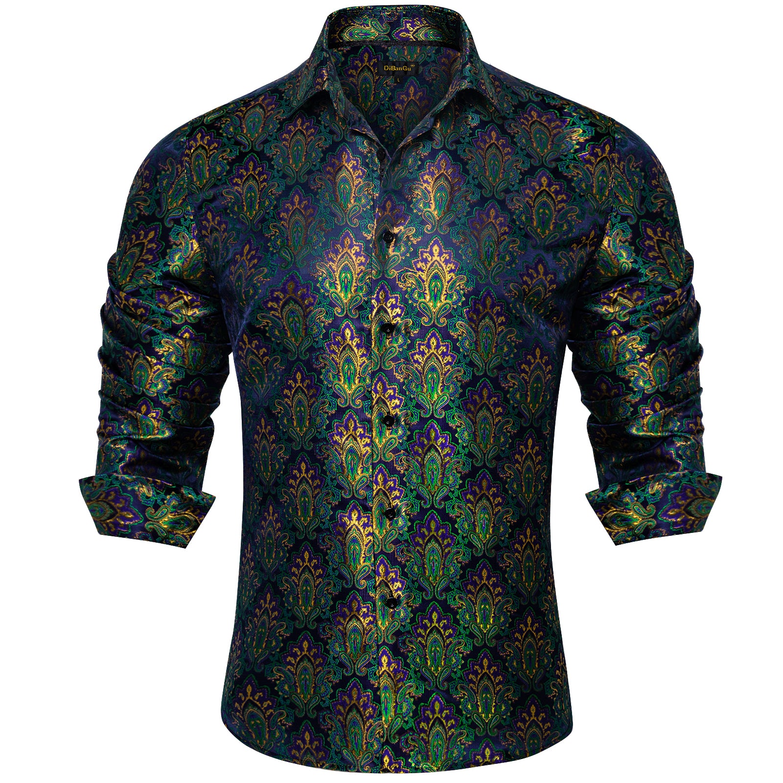 Dibangu Blue Green Floral Silk Men's Long Sleeve Shirt, L Dibangu Blue Green Floral Silk Men's Long Sleeve Shirt, L