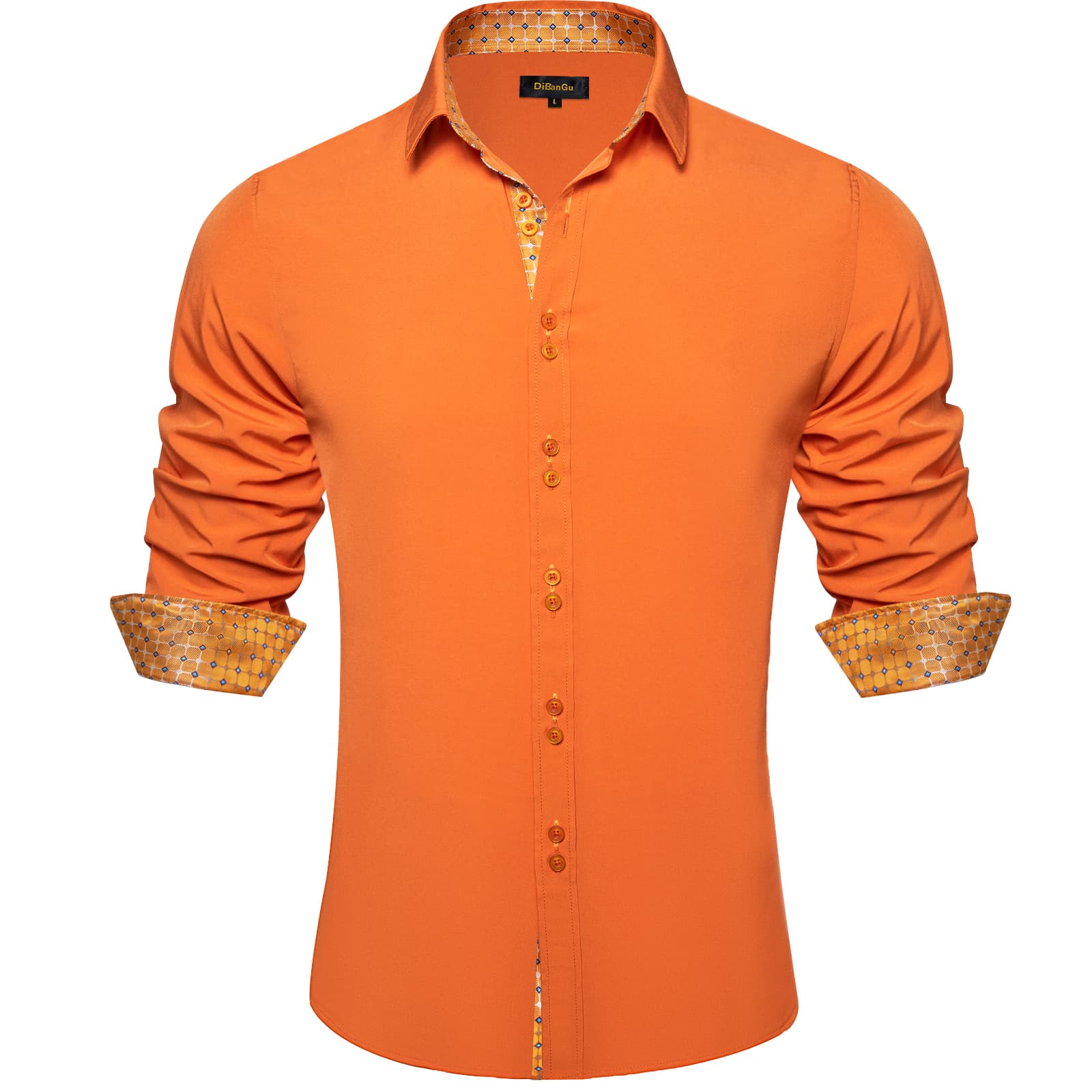 mens orange button down dress shirt DiBanGu Mens Dress Shirt Solid Dark Orange Splicing Silk Long Sleeve Shirt, XL
