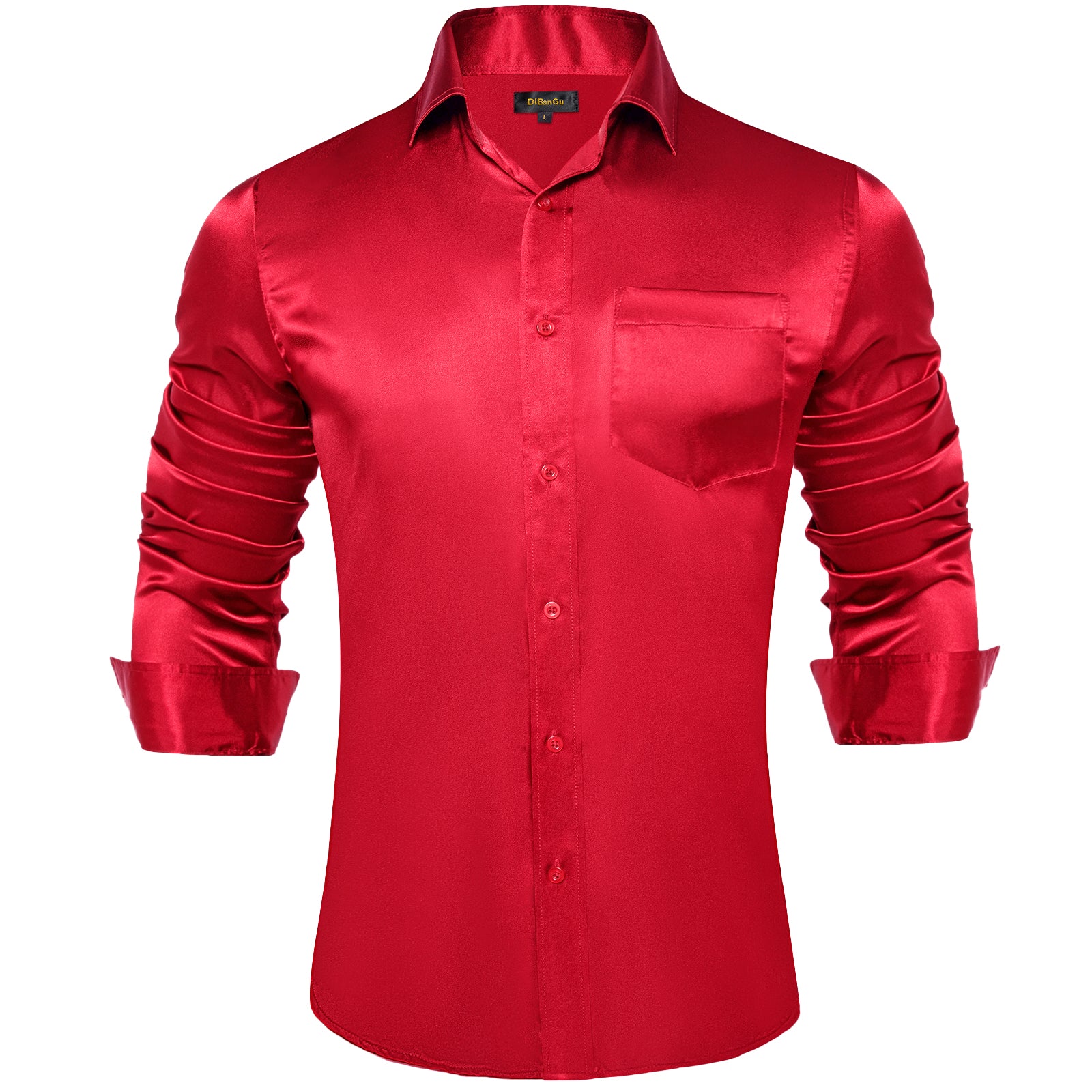 Dibangu Wedding Shirts Men's Red Solid Dress Long Sleeve Silk Shirt