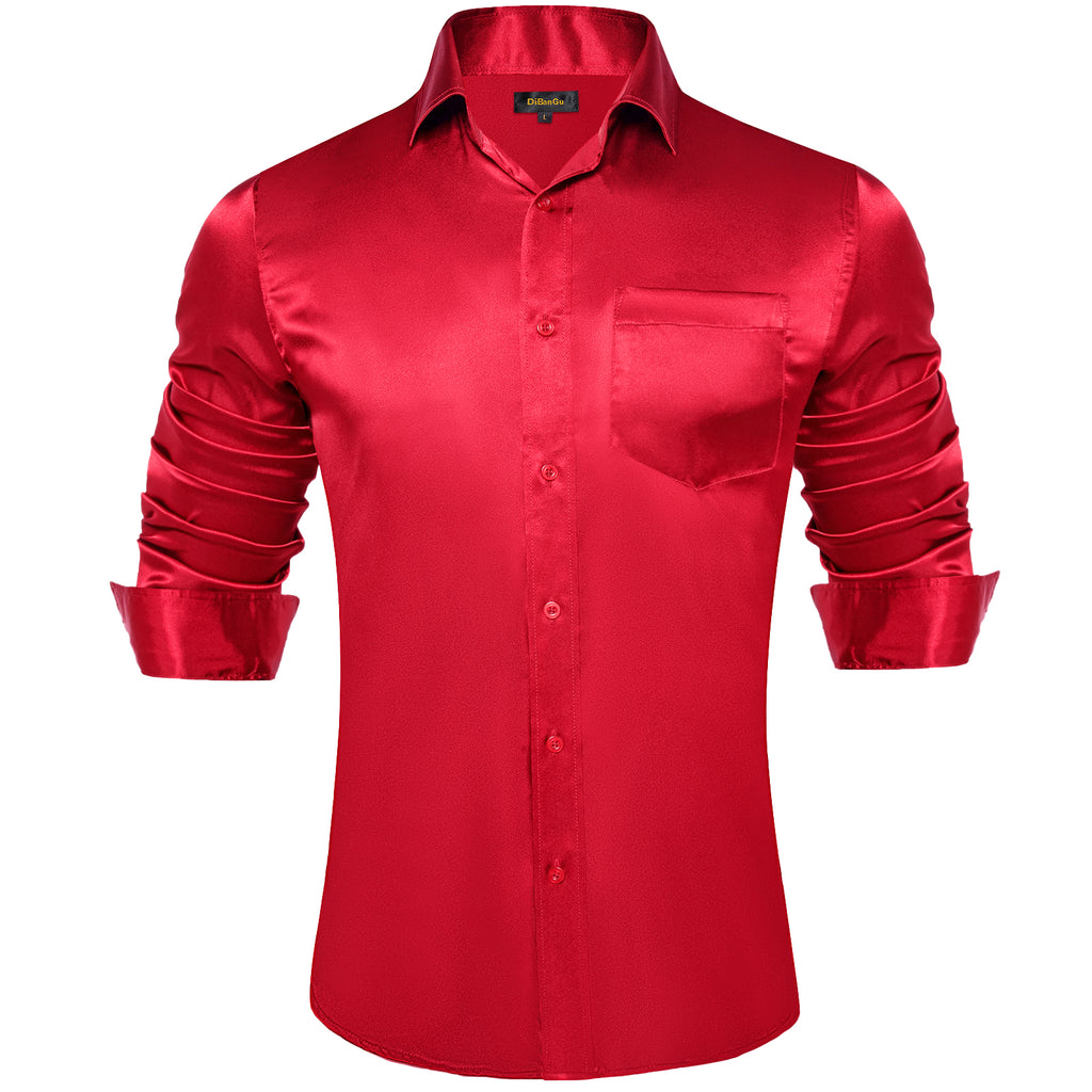 Dibangu Wedding Shirts Men's Red Solid Dress Long Sleeve Silk Shirt