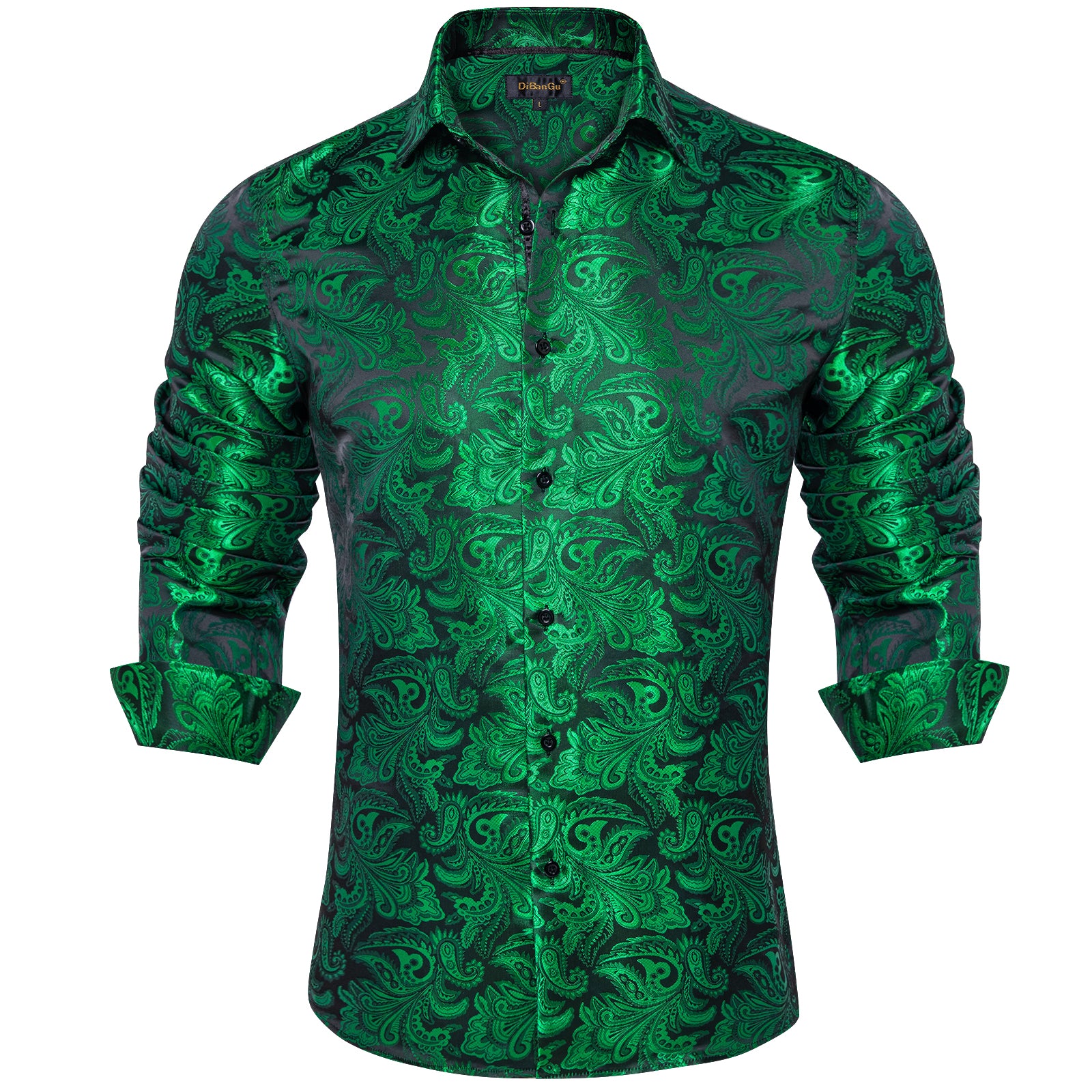Dibangu Green Paisley Silk Men's Long Sleeve Shirt, M Dibangu Green Paisley Silk Men's Long Sleeve Shirt, M
