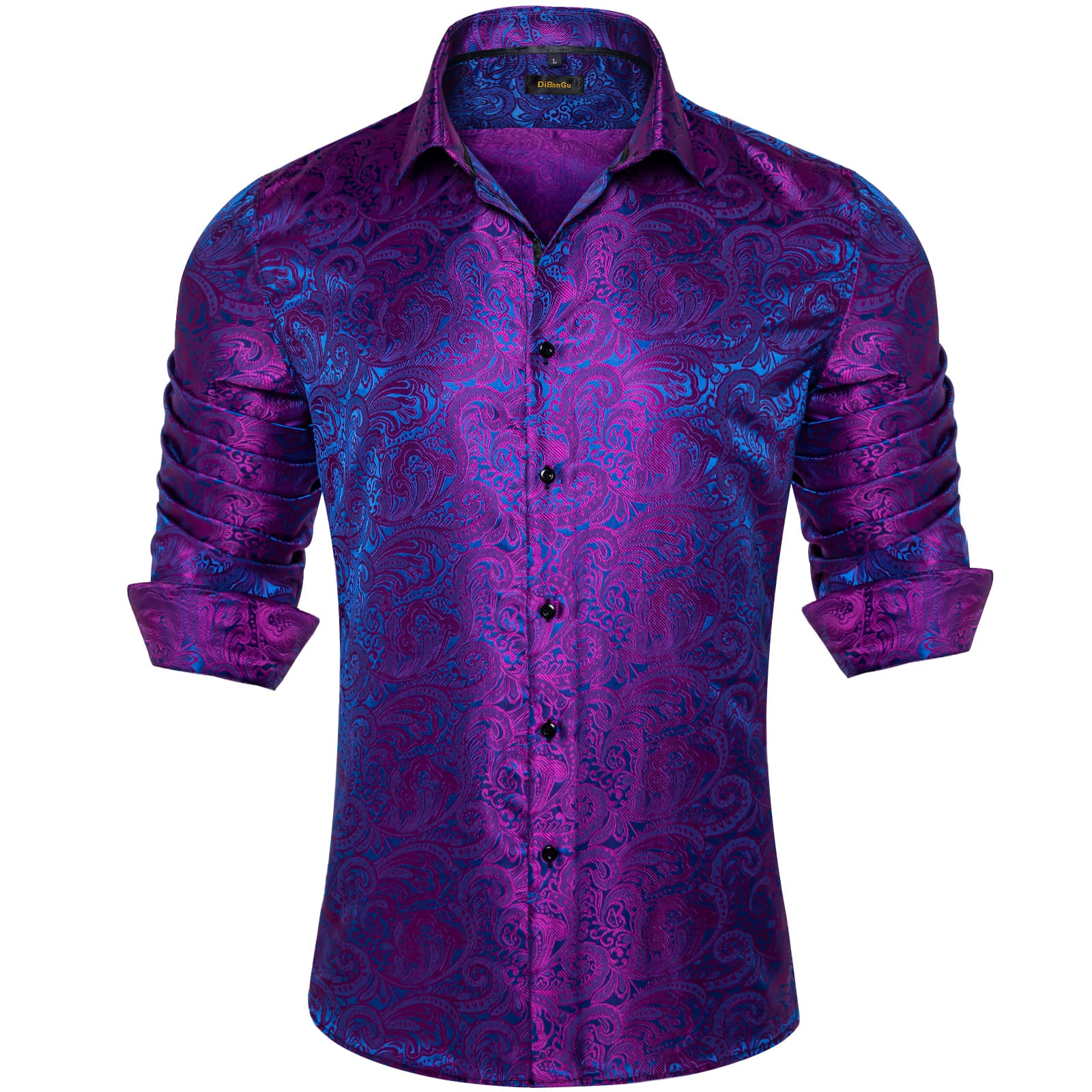 DiBanGu Tuxedo Shirt Purple Blue Floral Silk Button Up Men's Long Sleeve Dress Shirt, L / Shirt DiBanGu Tuxedo Shirt Purple Blue Floral Silk Button Up Men's Long Sleeve Dress Shirt, L / Shirt