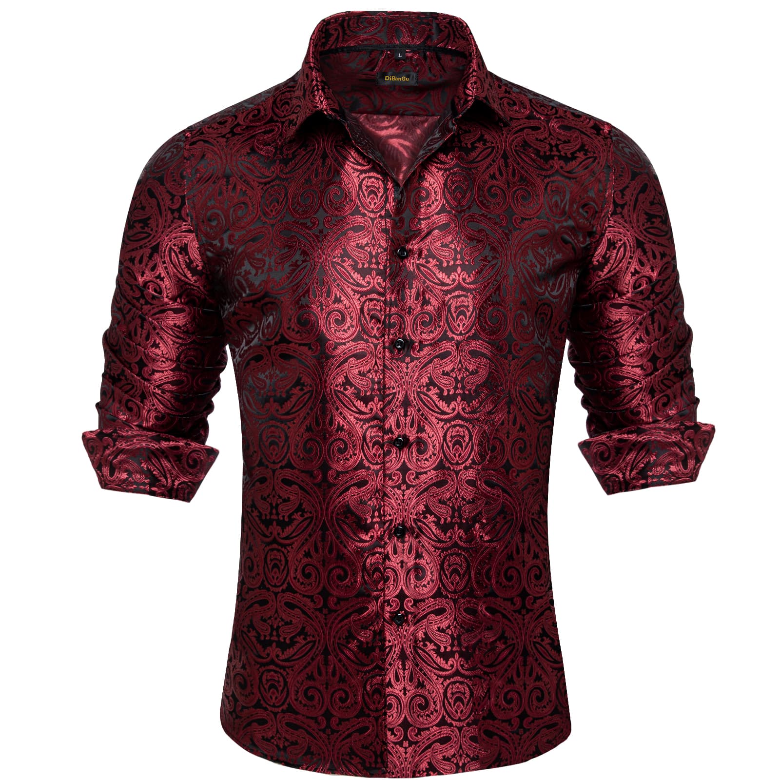 Dibangu Suit Shirt Dark Red Paisley Silk Button Down Mens Shirt