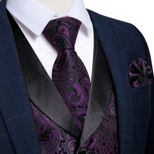 Purple Floral Jacquard V Neck Waistcoat Vest Tie Handkerchief Cufflinks Set