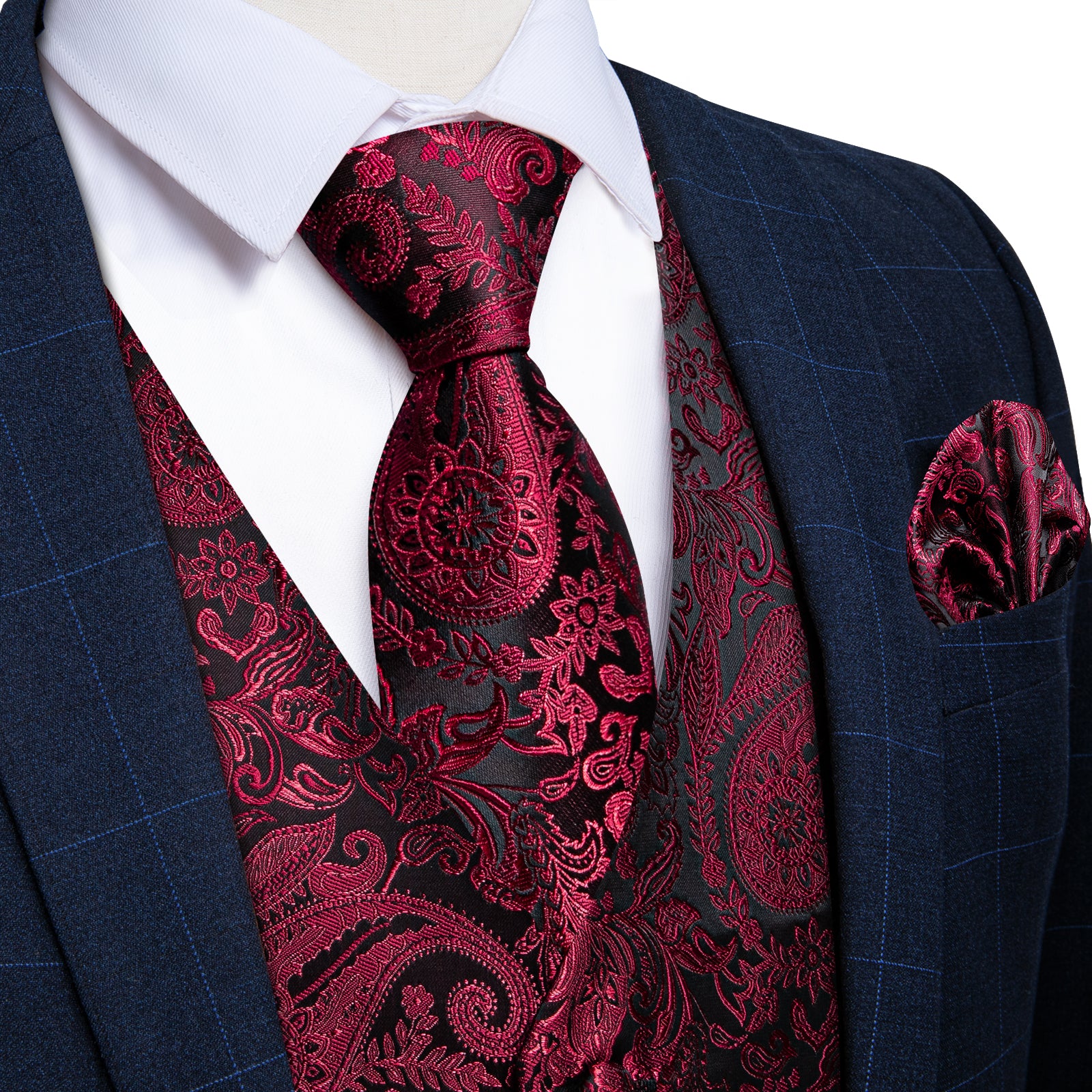 red dress shirt with black vest Black Red Floral Jacquard Silk Waistcoat Vest Tie Pocket Square Cufflinks Set, M