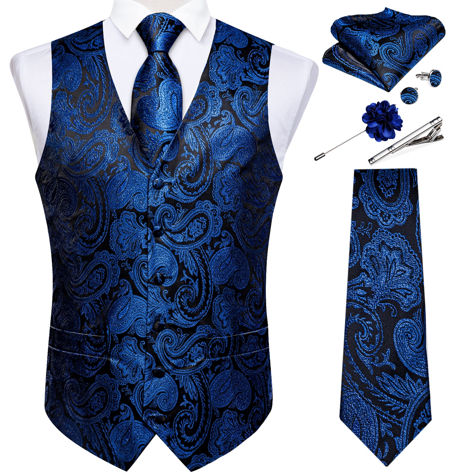 HISDERN Formal Mens Vest Paisley Jacquard Silk Ties Suit Waistcoat Set Wedding 3PCS Navy Blue 2XL HISDERN Formal Mens Vest Paisley Jacquard Silk Ties Suit Waistcoat Set Wedding 3PCS Navy Blue 2XL