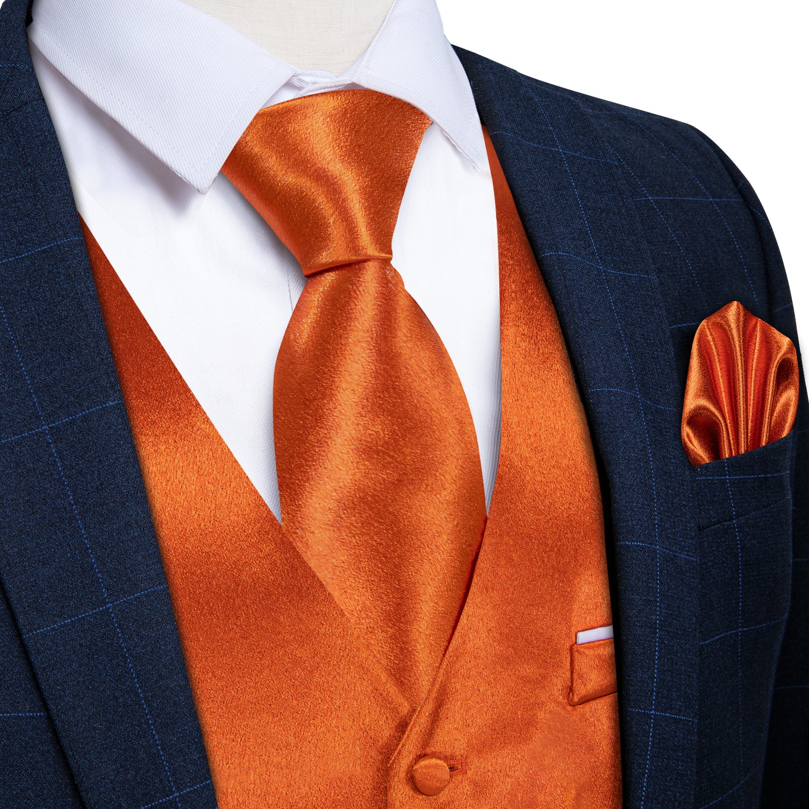 Orange Solid Satin Waistcoat Vest Tie Handkerchief Cufflinks Set, XL Orange Solid Satin Waistcoat Vest Tie Handkerchief Cufflinks Set, XL
