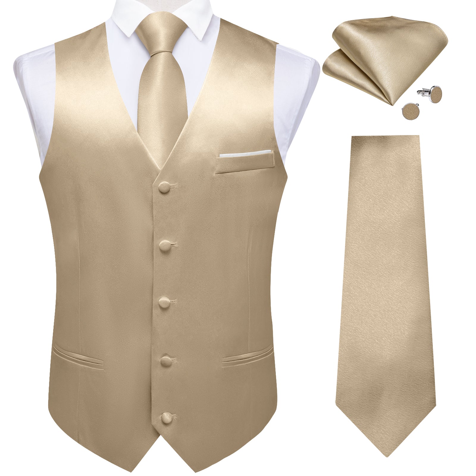 DiBanGu Mens Suit Vest Champagne Solid Satin Waistcoat Vest Tie