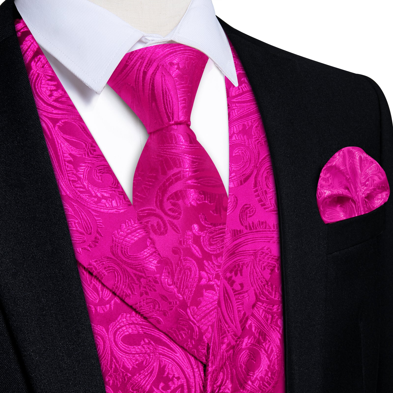 DiBanGu Hot Pink Paisley Notched Collar Silk Mens Vest Tie Set, 2XL DiBanGu Hot Pink Paisley Notched Collar Silk Mens Vest Tie Set, 2XL