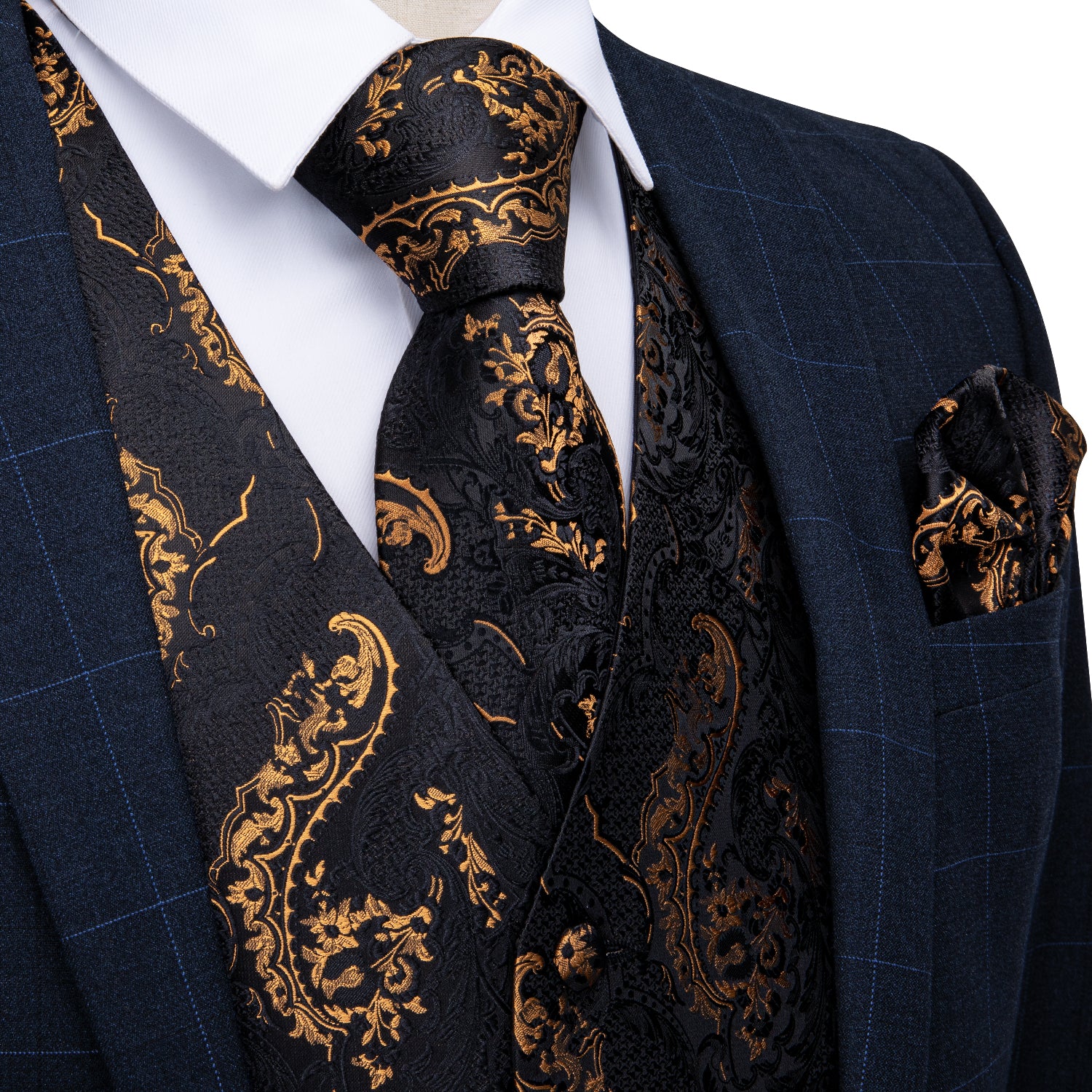 Black Golden Paisley Silk Vest Tie Handkerchief Cufflinks Vest, XL Black Golden Paisley Silk Vest Tie Handkerchief Cufflinks Vest, XL