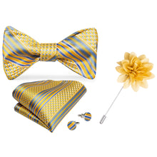 yellow blue striped silk bow tie handkerchiefs cufflinks for mens suit