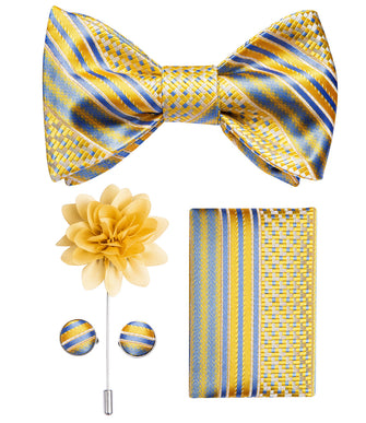 yellow blue striped silk bow tie handkerchiefs cufflinks for mens suit
