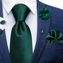 Green Solid Silk Men's Tie Pocket Square Cufflinks Set With Lapel Pin Brooch Set