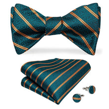 teal green gold striped mens bow tie hanky cufflinks set