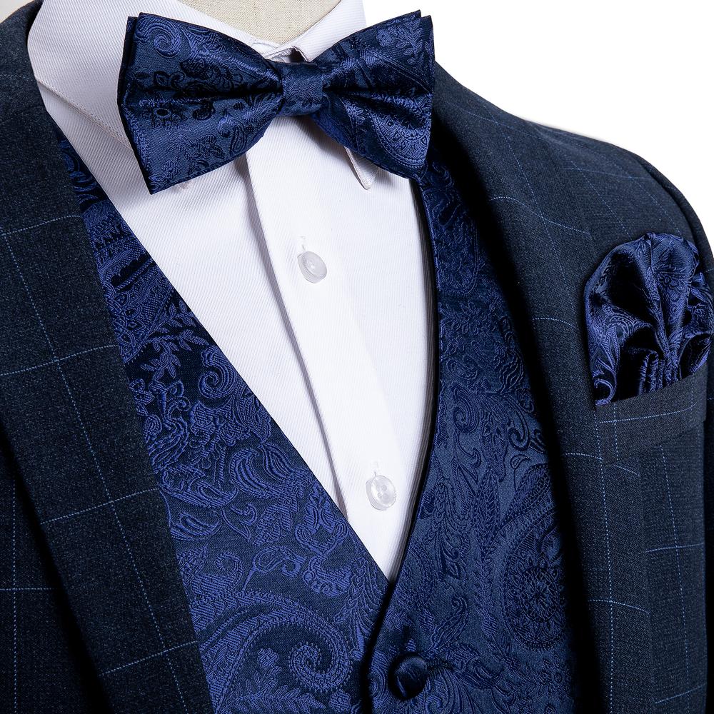 Navy Blue Paisley Silk Vest Bowtie Pocket Square Cufflinks Set, 3XL Navy Blue Paisley Silk Vest Bowtie Pocket Square Cufflinks Set, 3XL