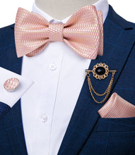 geometric pink bow tie include silk self-bowtie hanky cufflinks lapel pin set for mens suit