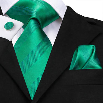 Striped  Men's emerald tie Pocket Square Cufflinks Set