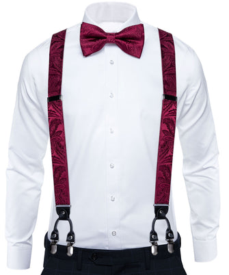 Burgundy red paisley mens silk suspenders and silk bow tie pocket square cufflinks set