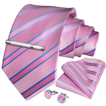 Pink Blue Striped Men's Tie Handkerchief Cufflinks Clip Set (4690567233617)