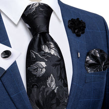 Black Grey Leaf Floral Tie Men's Silk Necktie Handkerchief Cufflinks Set With Lapel Pin Brooch Set