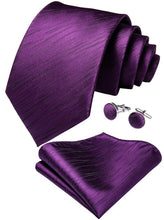 Purple Solid Silk Men's Necktie Handkerchief Cufflinks Set With Lapel Pin Brooch Set 