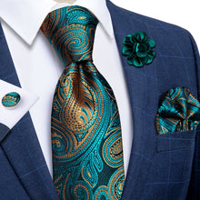 Teal Orange Paisley Tie Men's Silk Necktie Handkerchief Cufflinks Set With Lapel Pin Brooch Set
