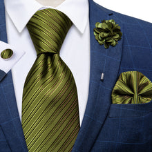 Novelty Olive Green Striped Silk Men's Necktie Handkerchief Cufflinks Set With Lapel Pin Brooch Set
