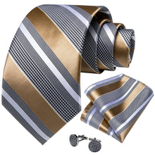 Brown Grey Striped Men's Tie Handkerchief Cufflinks Clip Set