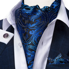 Blue Black Paisley Silk Cravat Woven Ascot Tie Pocket Square Handkerchief Suit Set