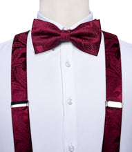 Burgundy red paisley mens silk suspenders and silk bow tie pocket square cufflinks set