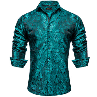 Long Sleeve Shirt Green Paisley Button Down Silk Shirt for Men