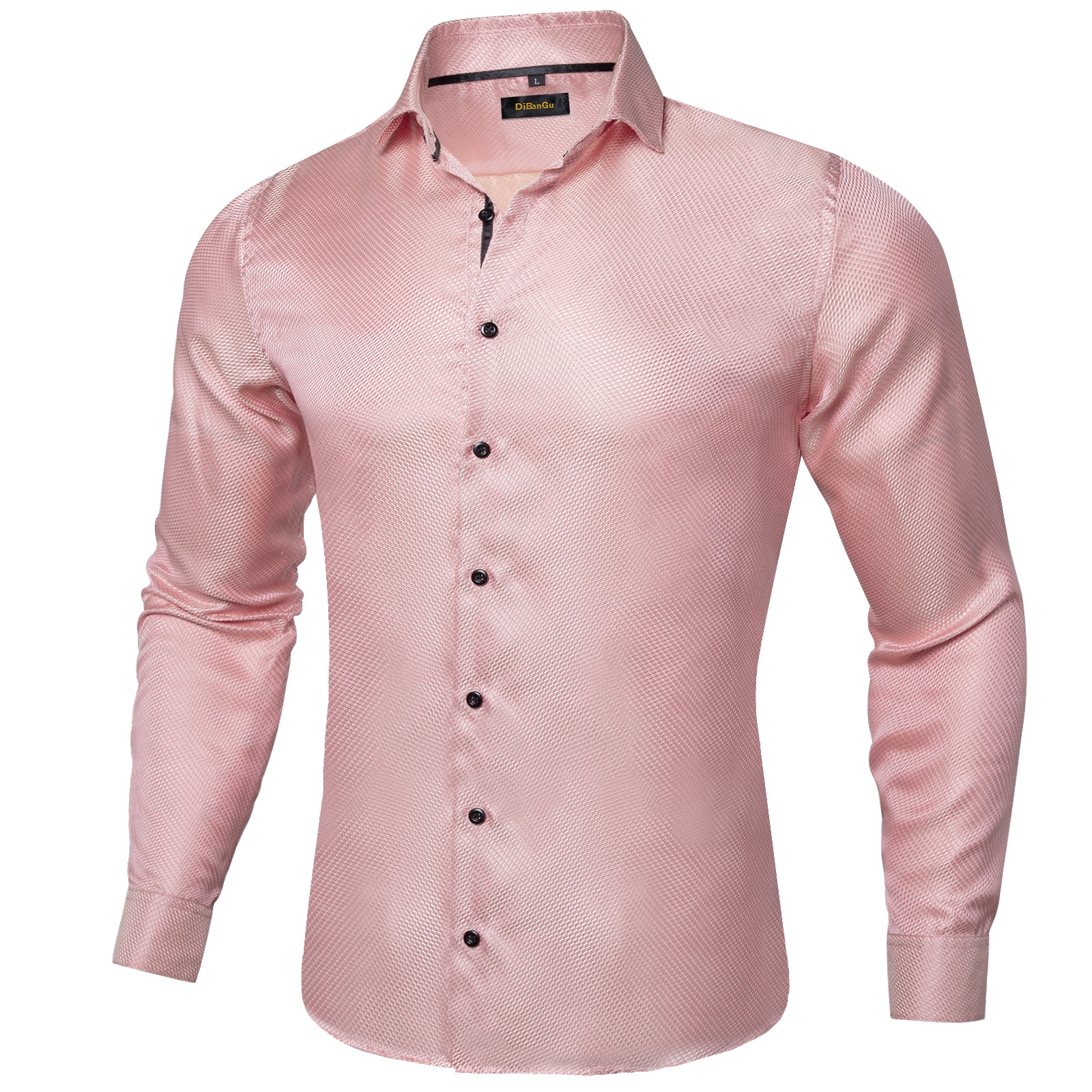DiBanGu Dress Shirt Pink Solid Silk Men's Button Down Long Sleeve Shirt, L DiBanGu Dress Shirt Pink Solid Silk Men's Button Down Long Sleeve Shirt, L