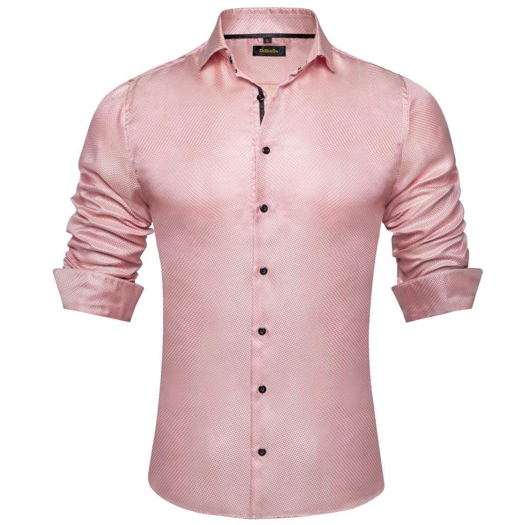 Dibangu Dress Shirt Pink Solid Silk Mens Button Down Long Sleeve Shirt