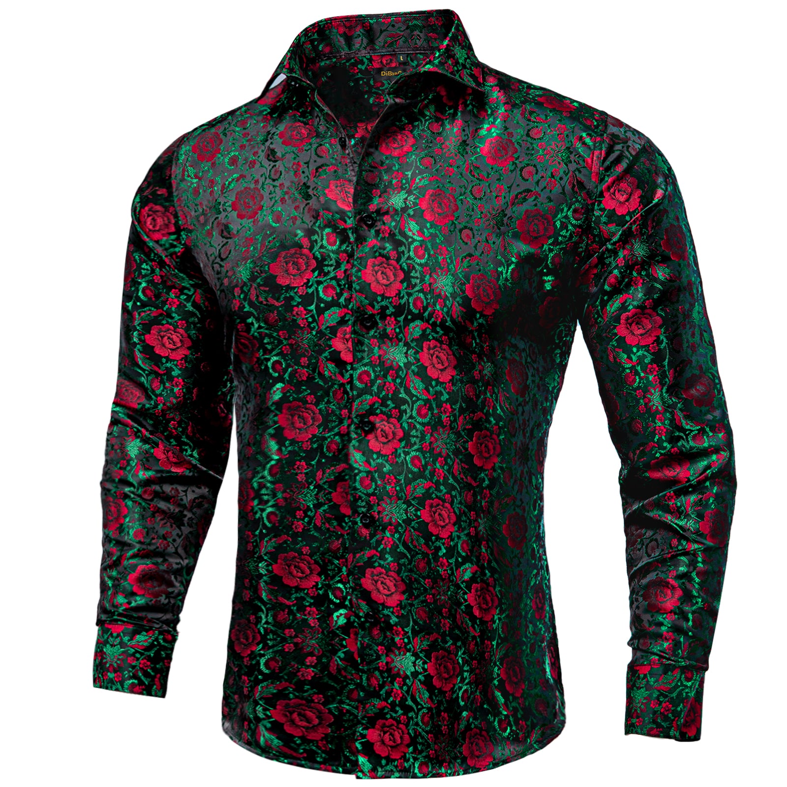 Dibangu Button Down Shirt Green Red Floral Men's Silk Shirt, M Dibangu Button Down Shirt Green Red Floral Men's Silk Shirt, M