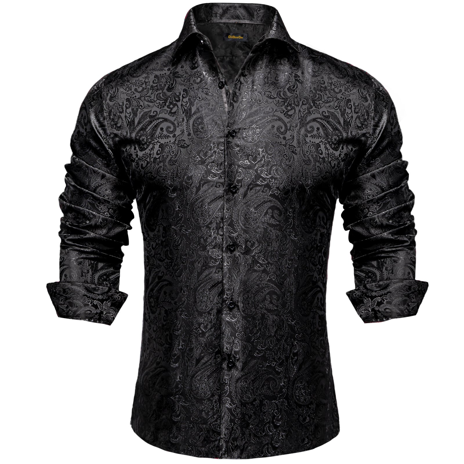 long sleeve mens dress shirts Dibangu Black Silk Paisley Men's Shirt, 3XL / Black