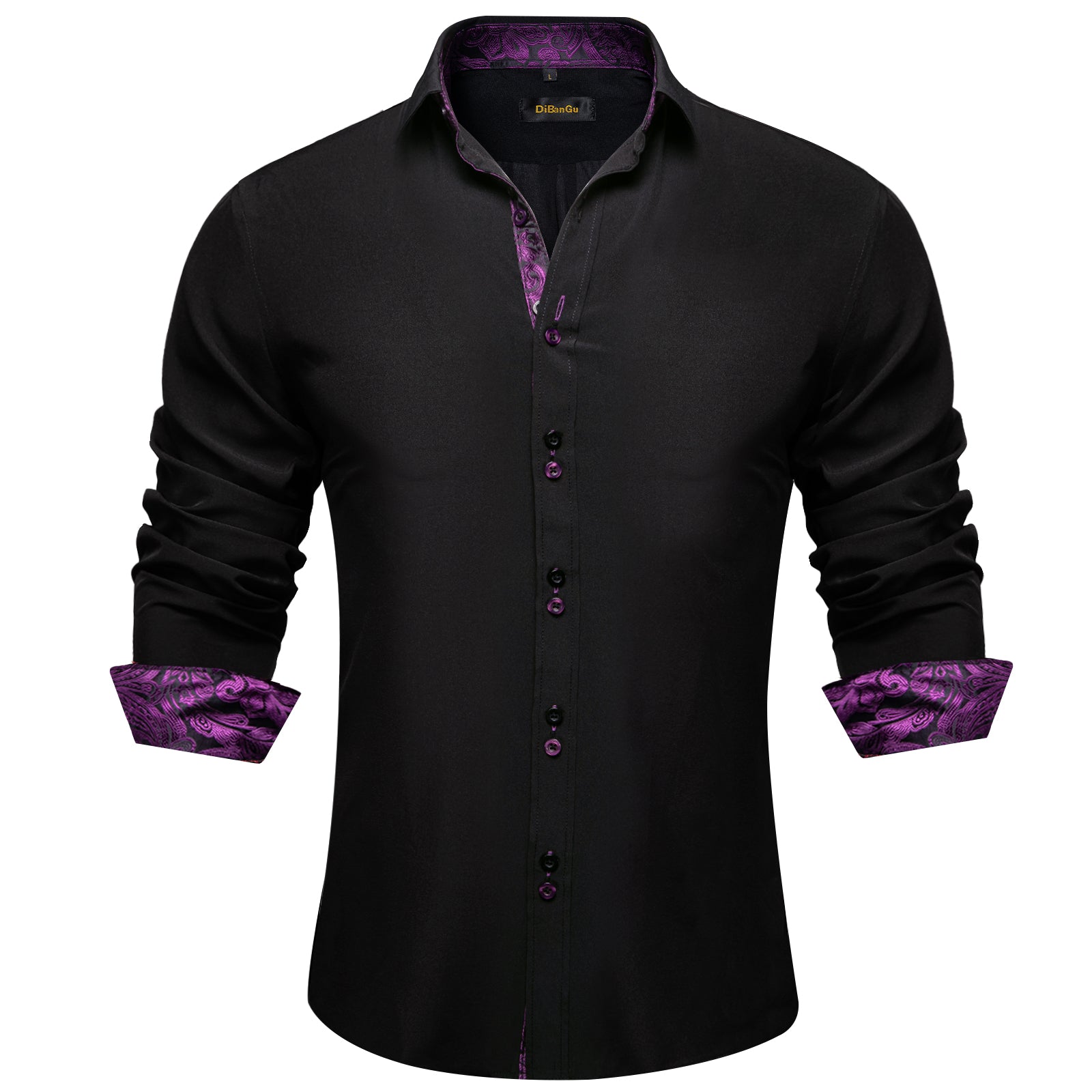 DiBanGu Silk Button Down Shirt Black Purple Paisley Splicing Long Sleeve Shirt For Men, M DiBanGu Silk Button Down Shirt Black Purple Paisley Splicing Long Sleeve Shirt For Men, M