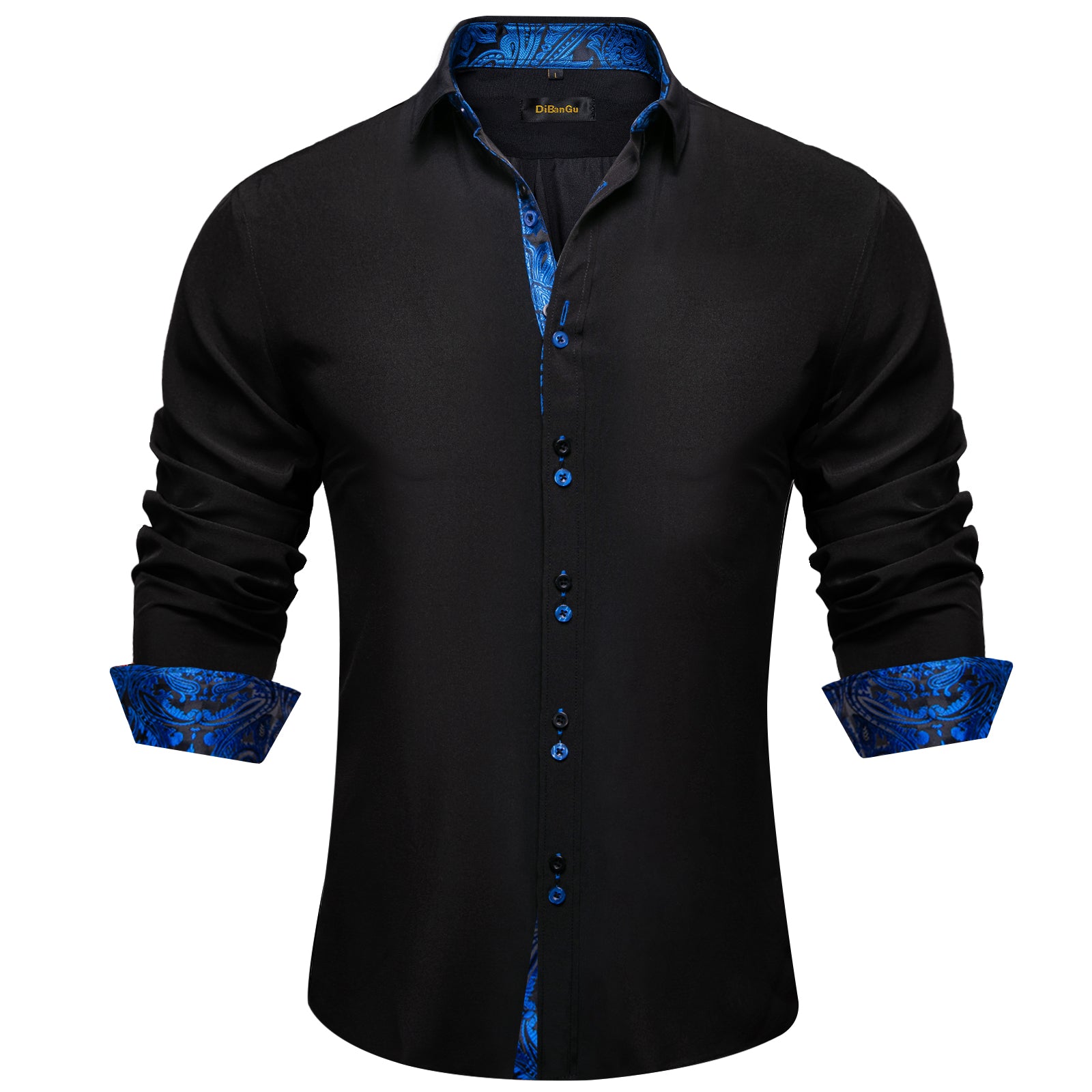 DiBanGu Silk Button Down Shirt Black Blue Splicing Long Sleeve Shirt For Men, M DiBanGu Silk Button Down Shirt Black Blue Splicing Long Sleeve Shirt For Men, M