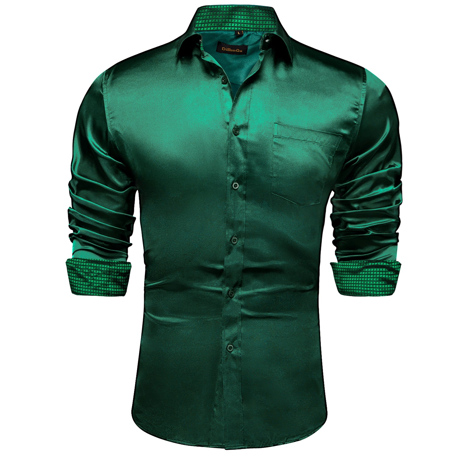 pine green mens dress shirt Emerald Green Solid Satin Men's Long Sleeve Dress Shirt, L