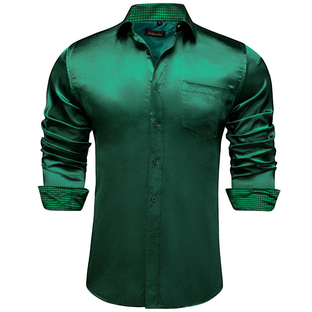 DiBanGu Tuxedo Shirt Pine Green Solid Silk Mens Suit Long Sleeve Shirt