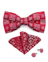 Christmas Snowflake Plaid Red Solid Silk Bowtie Pocket Square Cufflinks Set