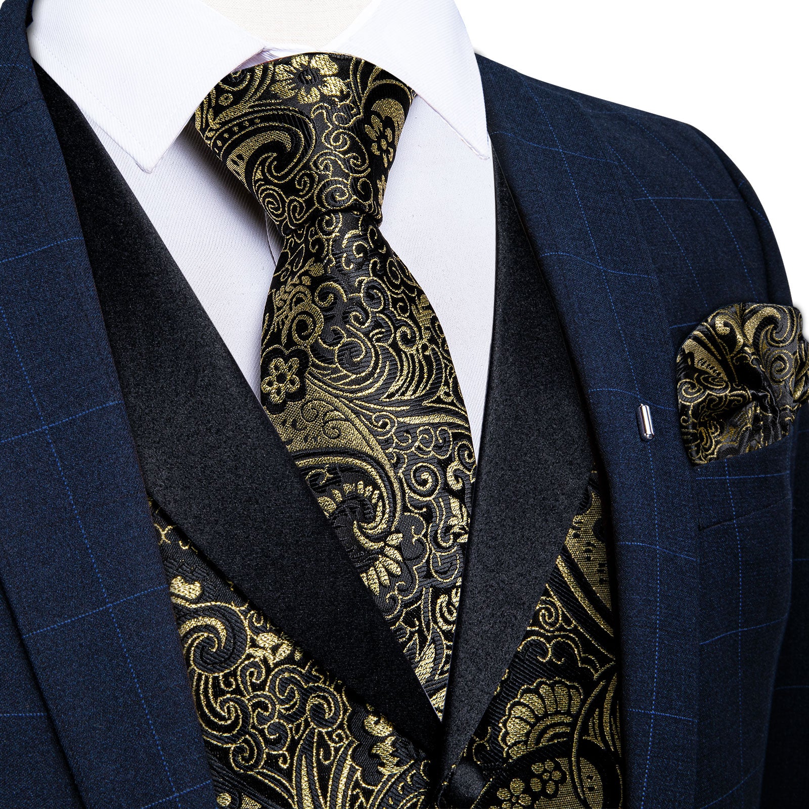 Black Golden Jacquard V Neck Vest Mens Paisley Waistcoat Tie Handkerchief Cufflinks Set, M Black Golden Jacquard V Neck Vest Mens Paisley Waistcoat Tie Handkerchief Cufflinks Set, M