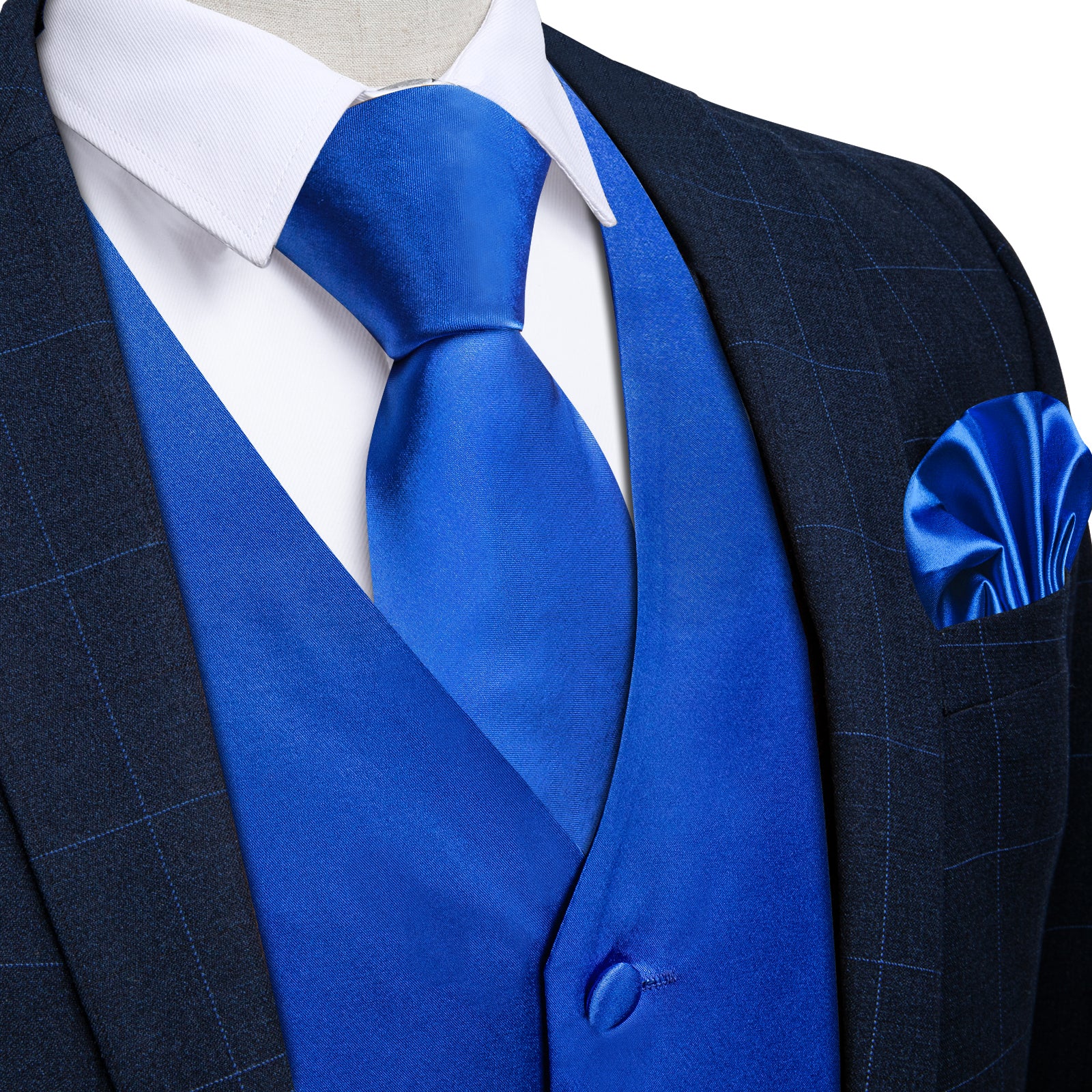 Blue Solid Satin Waistcoat Vest Tie Handkerchief Cufflinks Set, XL Blue Solid Satin Waistcoat Vest Tie Handkerchief Cufflinks Set, XL
