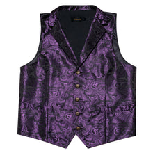 Purple Floral Jacquard V Neck Waistcoat Vest Tie Pocket Square Cufflinks Set
