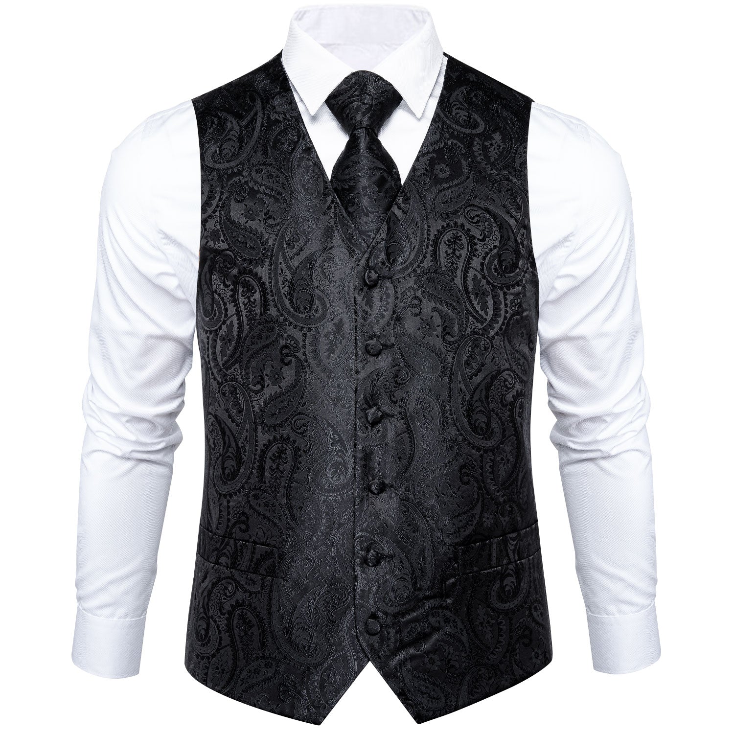 Classic Black Men's Paisley Jacquard Silk Vest Tie Handkerchief Cufflinks Set, M Classic Black Men's Paisley Jacquard Silk Vest Tie Handkerchief Cufflinks Set, M