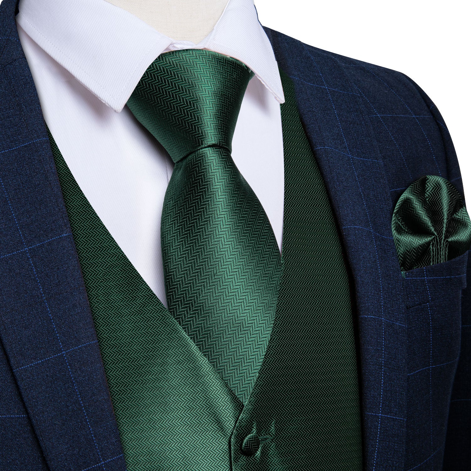 Deep Green Silk Vest Men's Solid Waistcoat Tie Hanky Cufflinks Set, XL Deep Green Silk Vest Men's Solid Waistcoat Tie Hanky Cufflinks Set, XL