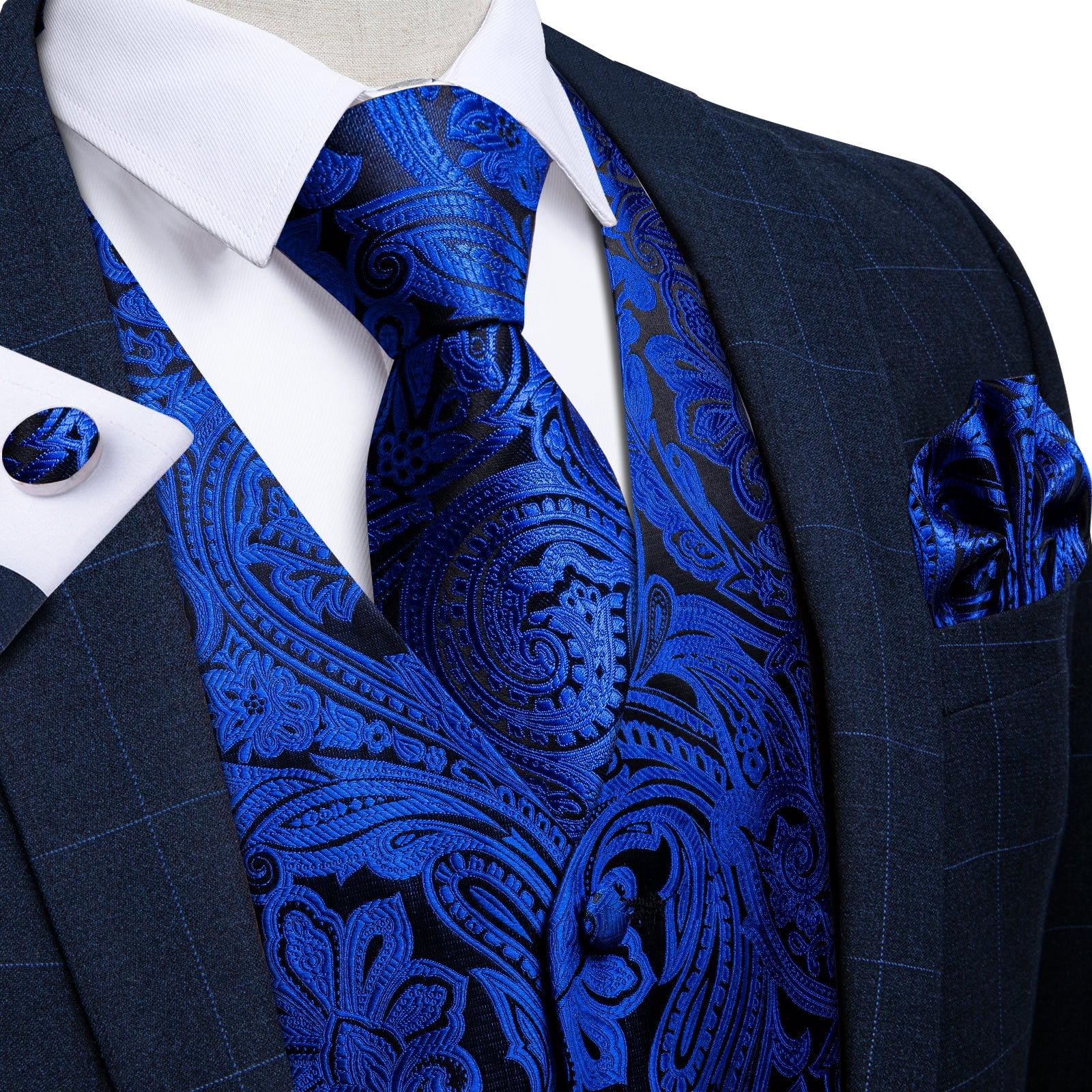 Shining Blue Jacquard Silk Waistcoat Vest Necktie Handkerchief Cufflinks Set, S