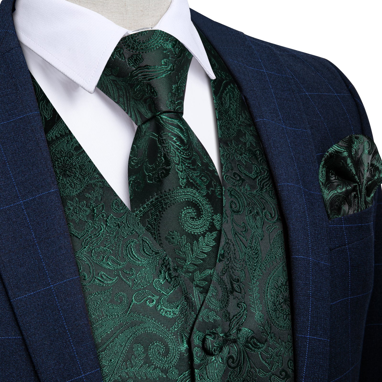 Green Floral Jacquard Silk Waistcoat Vest Necktie Handkerchief Cufflinks Set, L Green Floral Jacquard Silk Waistcoat Vest Necktie Handkerchief Cufflinks Set, L